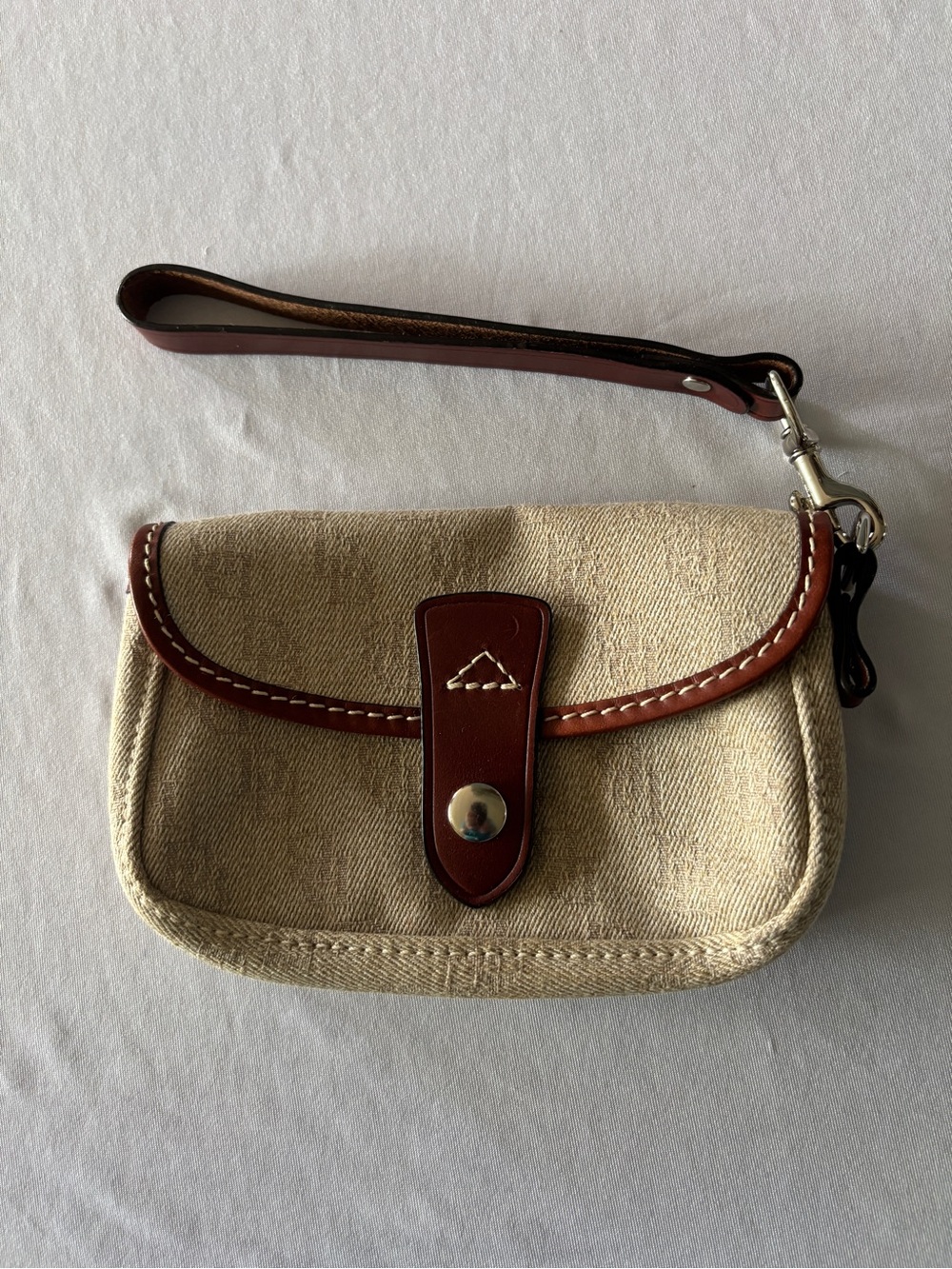 Dooney & Bourke Beige Canvas Wristlet with Brown Leather Trim